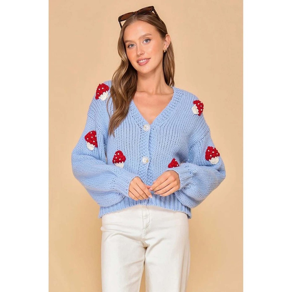 Lumiere Mushroom Cardigan‎ Women Medium Blue Knit 3D Applique NKJ10219
